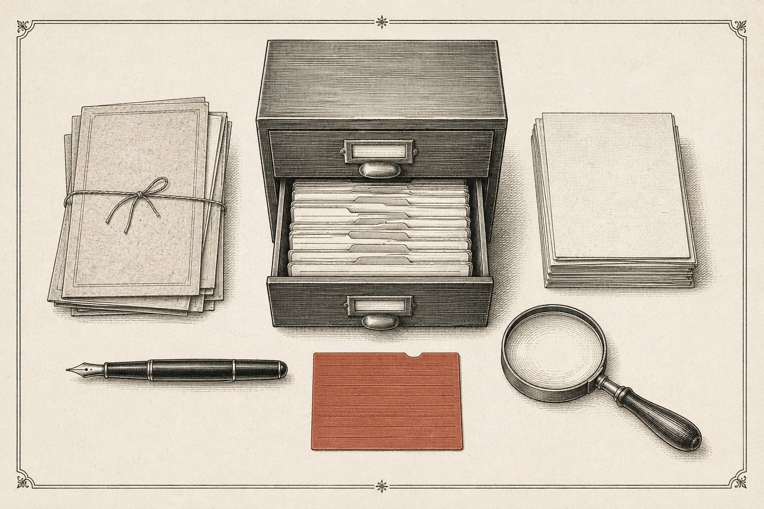 Flat-lay engraving of an archivist's desk: card index, fountain pen, magnifying glass, and one red card set apart