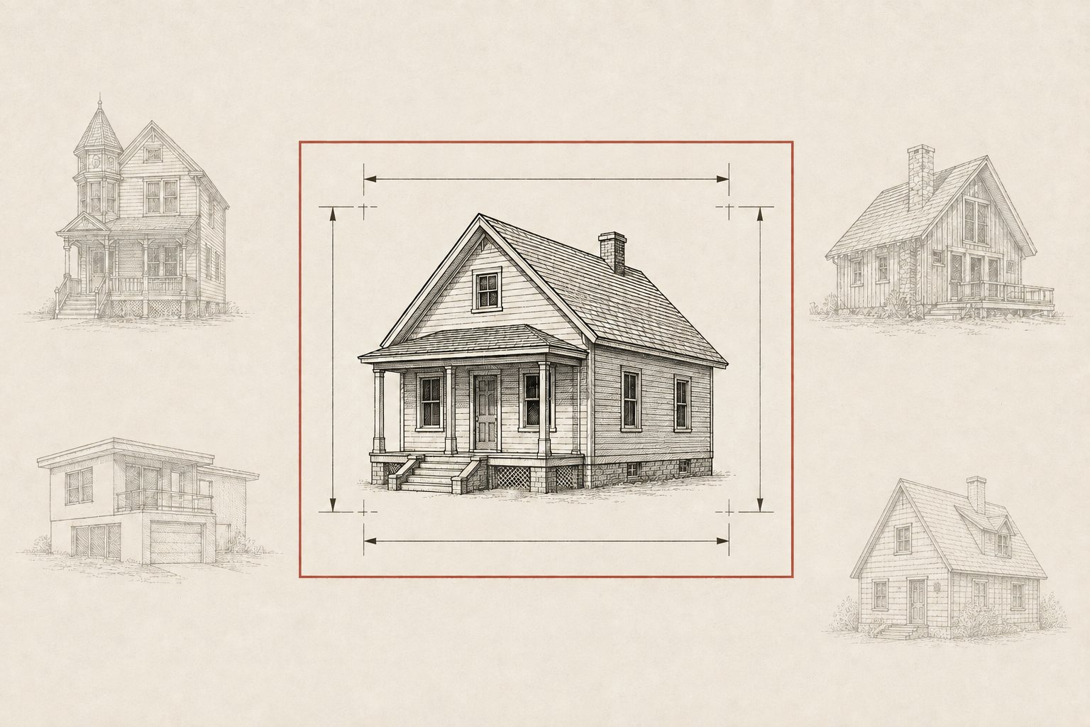 Blueprint-style plate of a house inside a red measured box, with disqualified houses sketched outside