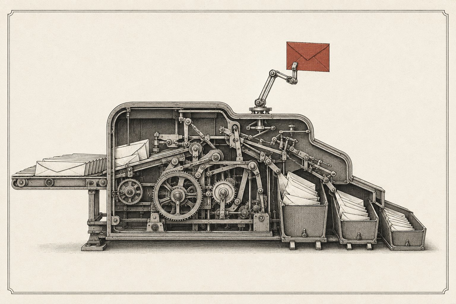Engraved cutaway of a mechanical mail-sorting machine lifting one red envelope above three sorting trays