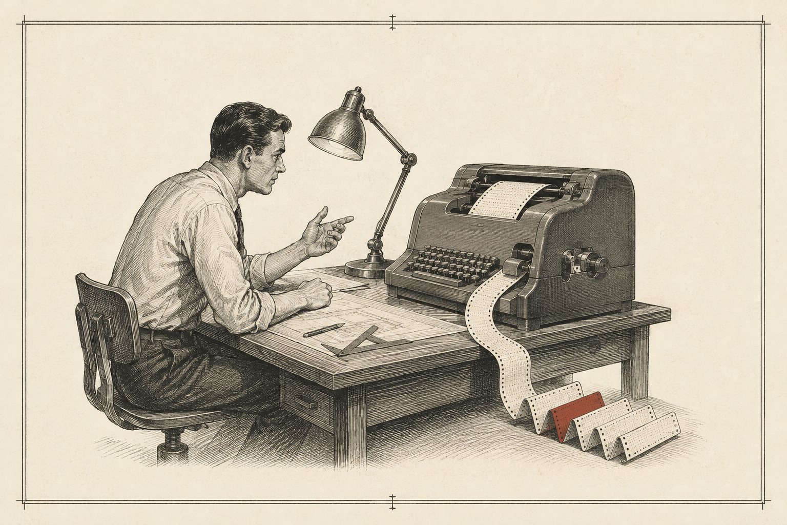 Engraving of a man at a desk conversing with a teletype terminal as punched paper tape folds into a stack