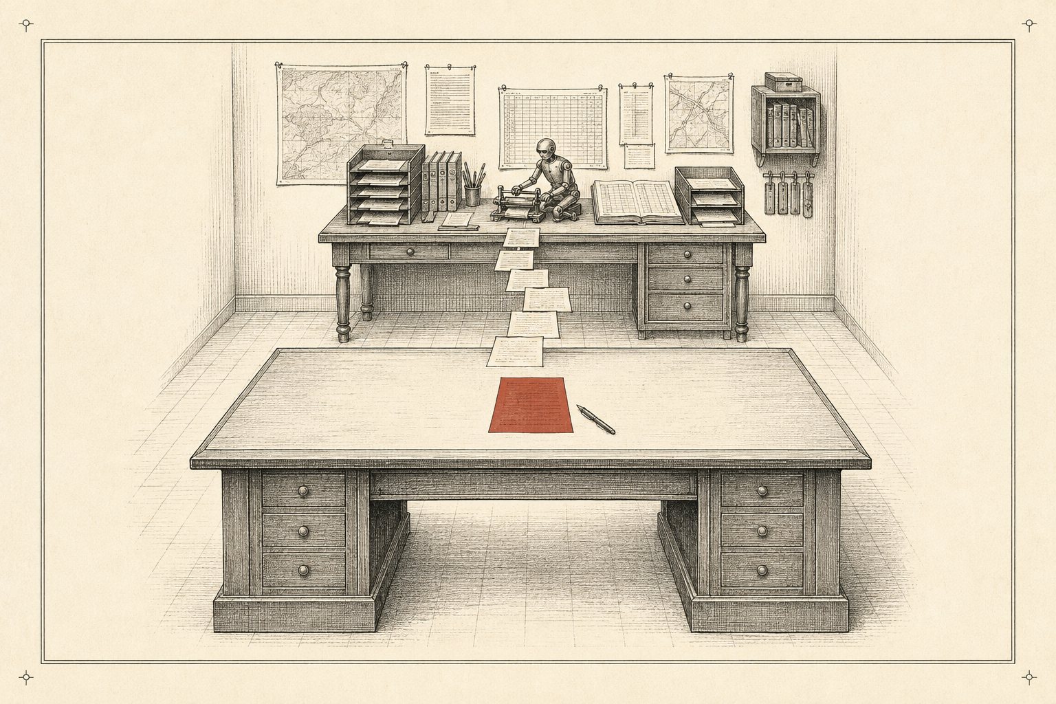Engraving of two desks: a calm desk holding one red sheet, fed by a busy automaton desk behind it