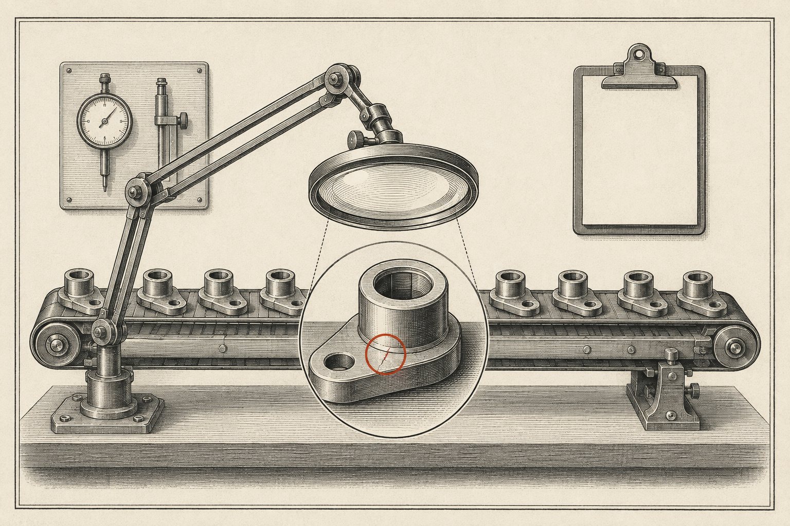 Mid-century inspection bench engraving: a magnifying lens over a conveyor of parts, one flaw circled in red