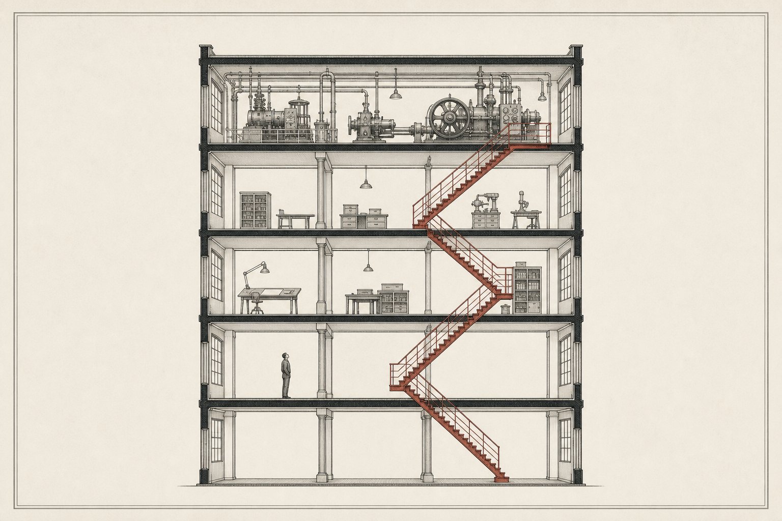 Engraved cross-section of a five-story building, each floor more equipped than the last, joined by a red staircase