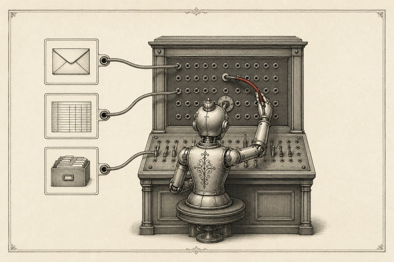 Engraving of an automaton at a switchboard plugging a red cable between an inbox, a ledger, and a card index