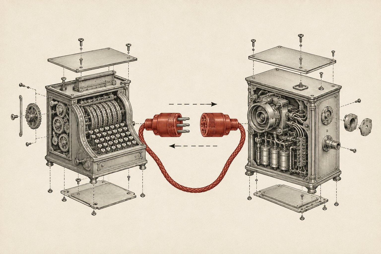 Exploded-view engraving of two vintage machines joined by a red cable and plug, arrows showing two-way flow