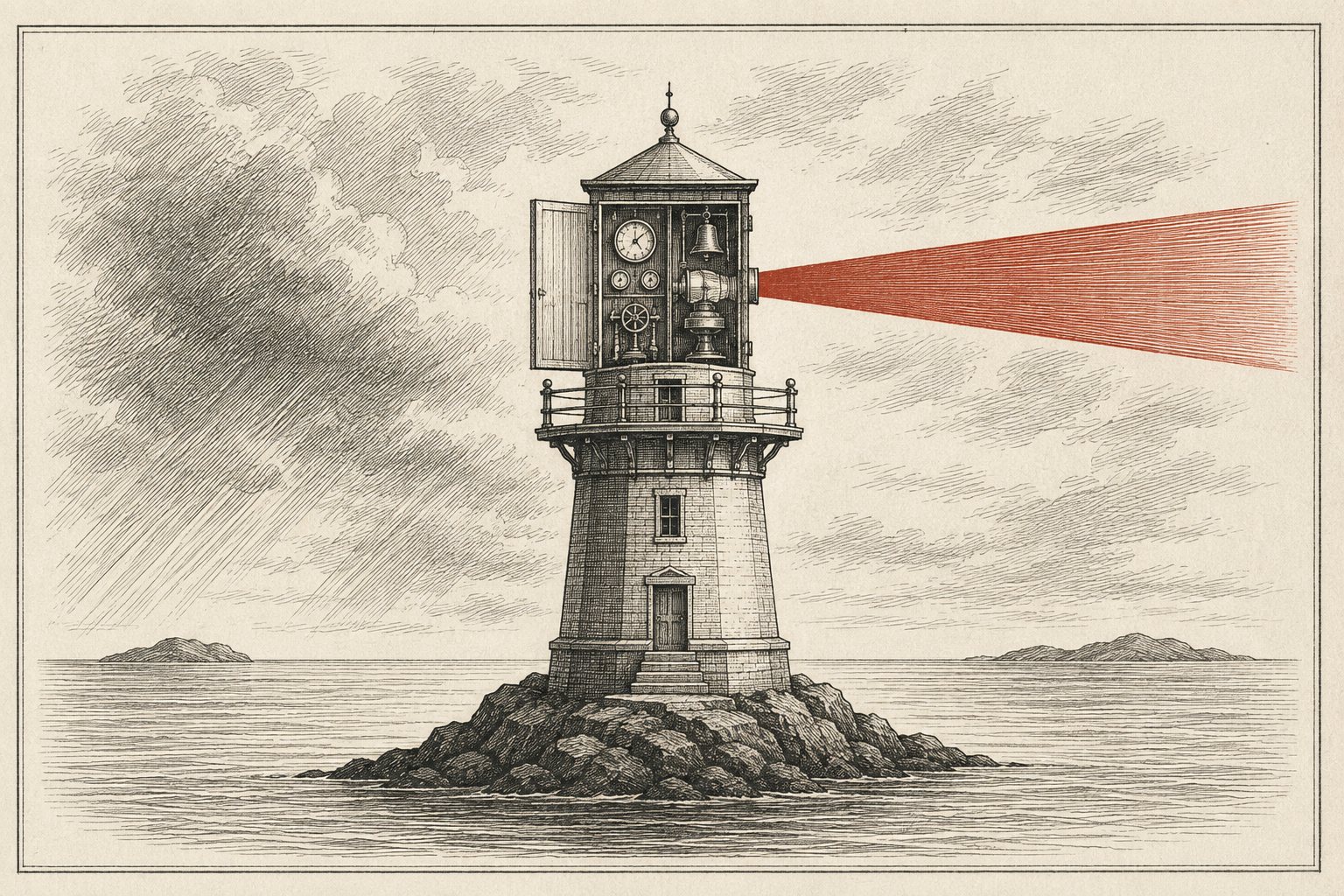 Engraved lighthouse on a rock with an equipment-cabinet lamp room sweeping a red beam across a stormy sea