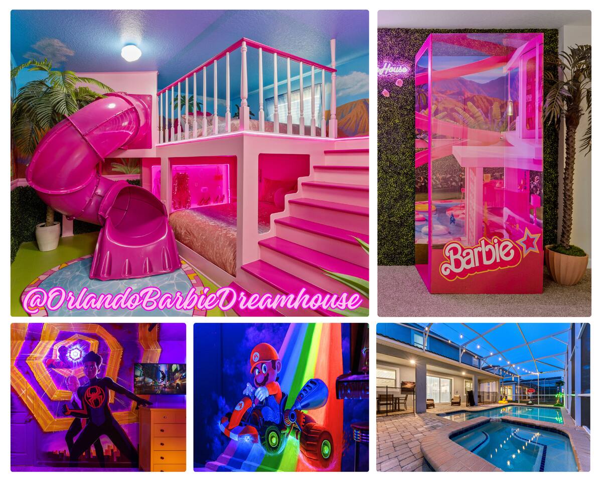 Barbie-themed bedroom with slide and the Barbie Box photo booth